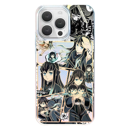 Demon Slayer Tokito Muichiro Anime Phone Case, Aurora Gradient Comic Collage Shockproof Airbag Protective Case For All iPhone Models Removable Lens Frame Clear Cell Phone Cover