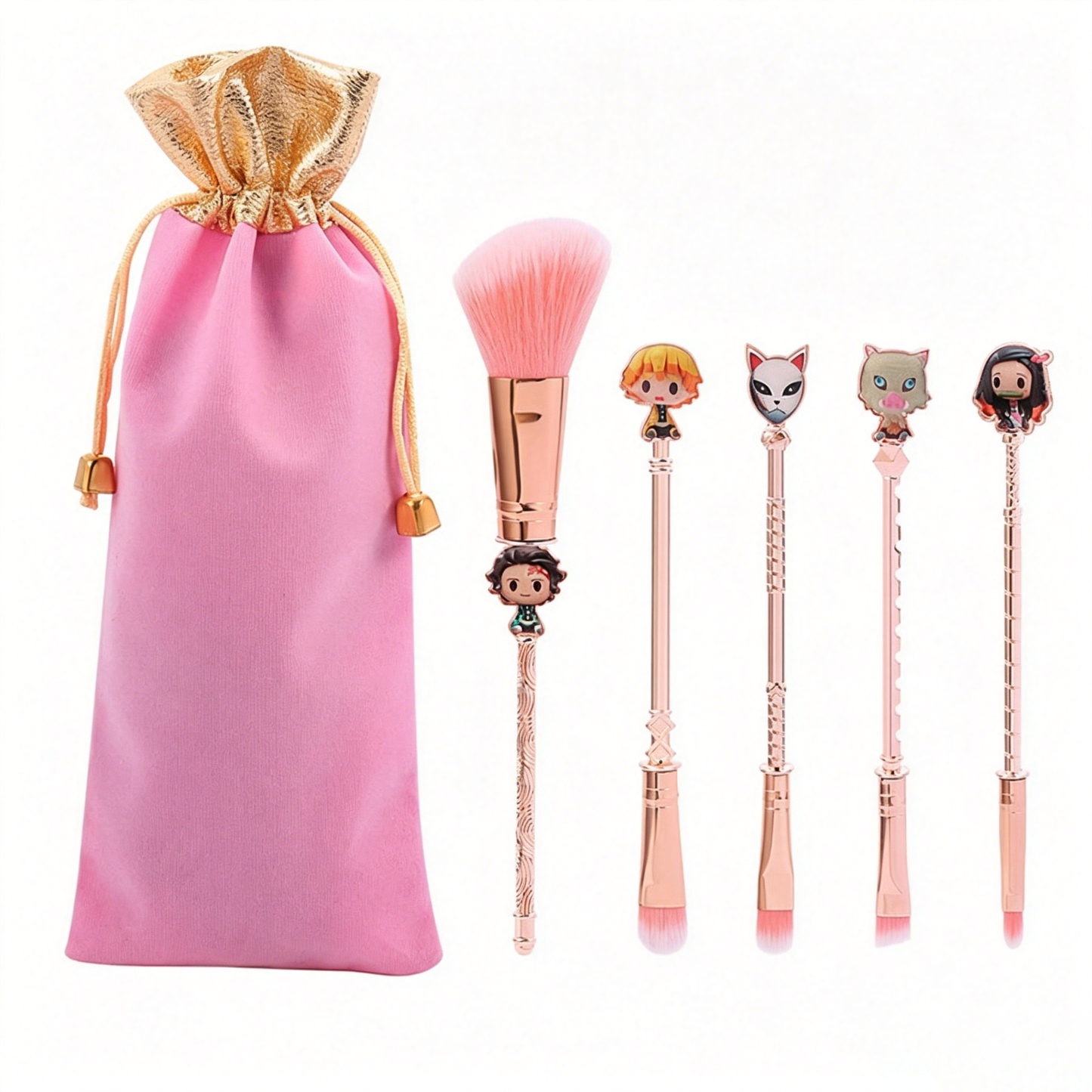 Demon Slayer Tanjiro Nezuko 5Pcs Anime Makeup Brush Set, Rose Gold Cosmetic Brushes with Storage Pouch