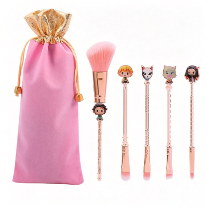 Demon Slayer Tanjiro Nezuko 5Pcs Anime Makeup Brush Set, Rose Gold Cosmetic Brushes with Storage Pouch