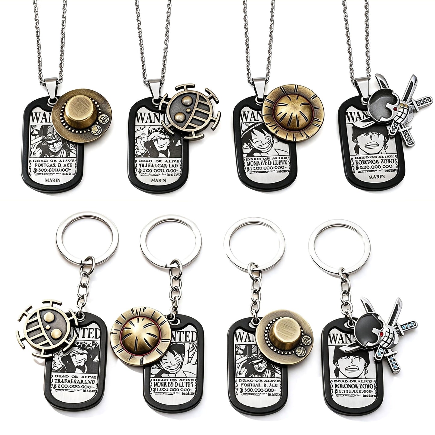 One Piece Monkey D Luffy Wanted Poster Dog Tag Necklace Keychain Set, Anime Straw Hat Zoro Ace Law Metal Pendant Jewelry, Stainless Steel Cosplay Collectible Gift Box For Anime Fans