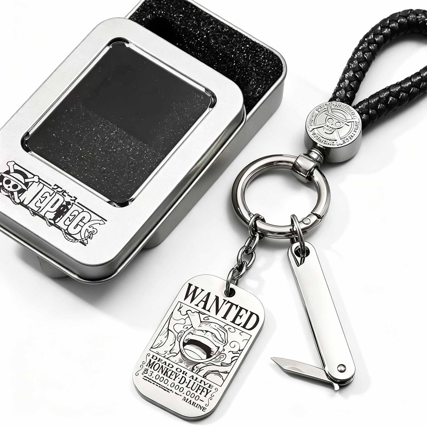 One Piece Monkey D Luffy Anime Wanted Poster Dog Tag Keychain, Stainless Steel Engraved Pendant Key Ring With Braided Rope Mini Knife Collectible Gift Box Key Accessory