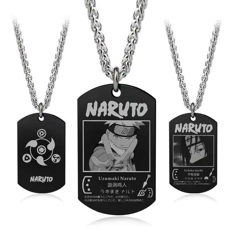 Naruto Anime Characters Double Sided Engraved Dog Tag Necklace, Stainless Steel Black Pendant Chain Necklace, Classic Naruto Shippuden Symbol Jewelry Gifts For Men Teens Anime Fans Cosplay Accessories