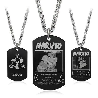 Naruto Anime Characters Double Sided Engraved Dog Tag Necklace, Stainless Steel Black Pendant Chain Necklace, Classic Naruto Shippuden Symbol Jewelry Gifts For Men Teens Anime Fans Cosplay Accessories