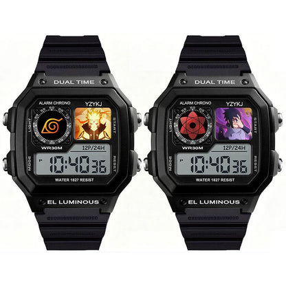Naruto Sasuke Anime Digital Sports Watch, 30M Waterproof Dual Time EL Backlight Chronograph Wrist Watch