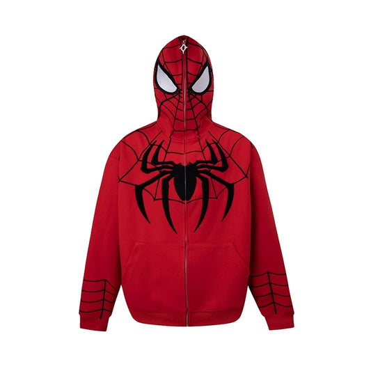 Marvel Spider‑Man Full Zip Up Hoodie, Face Mask Hood Design, Chenille Embroidery Spider Logo, Oversized Loose Fit Casual Streetwear Sweatshirt Jacket For Men Women, Multiple Color Options For Cosplay Daily Wear