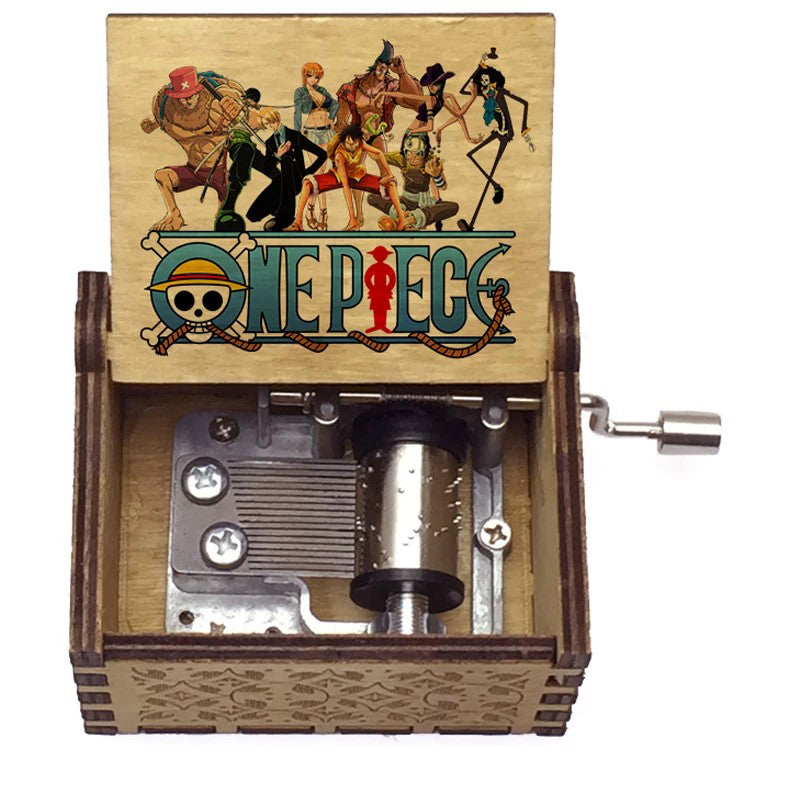One Piece Luffy Brook Hand Crank Wooden Music Box, Plays Bink's Sake Anime Engraved Musical Gift Box