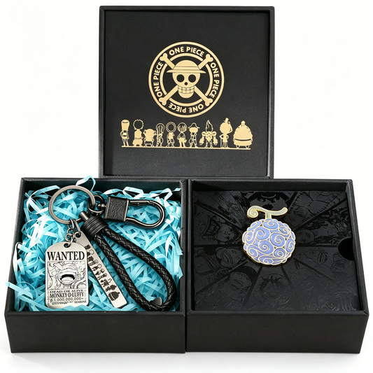 One Piece Monkey D Luffy Wanted Poster Dog Tag Keychain Devil Fruit Enamel Pin Gift Box Set, Anime Zoro Ace Law Metal Keyring Lapel Pin Collectible Jewelry Present for Fans