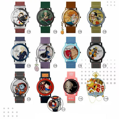 One Piece Monkey D Luffy Roronoa Zoro Anime Blind Box Quartz Watch, Straw Hat Crew Character Leather Strap Wrist Watch Collectible Gift Box Set
