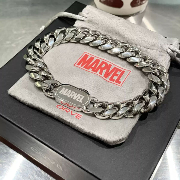 Marvel Titanium Steel Cuban Link Bracelet for Men, Superhero Logo Engraved Chain Wristband, Fashion Streetwear Jewelry, Marvel Fans Gift with Gift Box