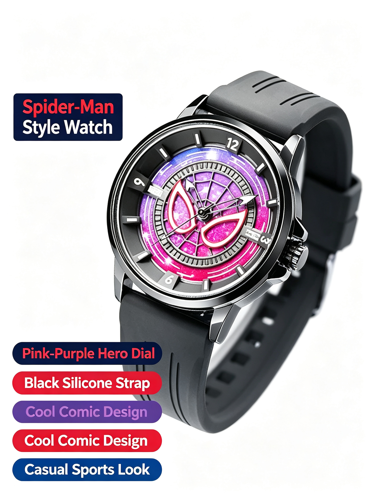 Marvel Spider-Man Quartz Wrist Watch for Men Teens, 2 Colors Silicone Strap Analog Watch, Cool Spider Web Dial Superhero Watch, Gift for Marvel Fans