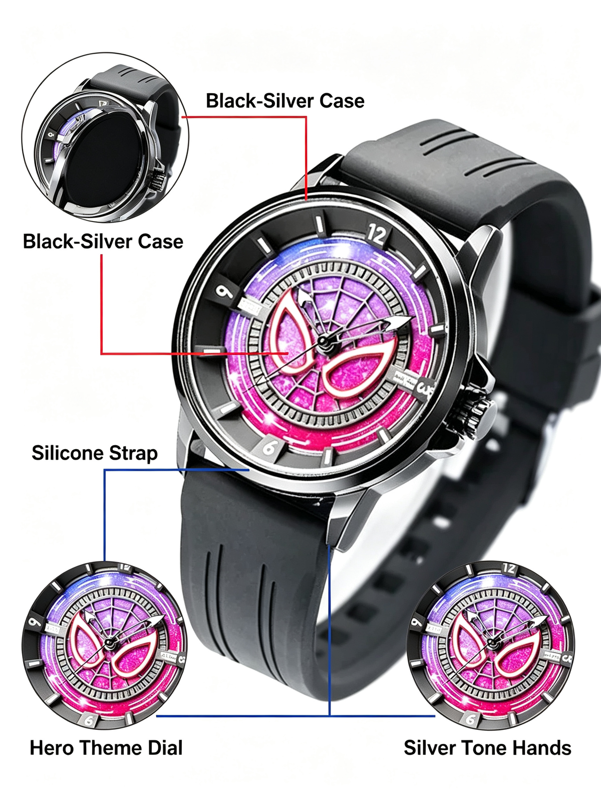 Marvel Spider-Man Quartz Wrist Watch for Men Teens, 2 Colors Silicone Strap Analog Watch, Cool Spider Web Dial Superhero Watch, Gift for Marvel Fans