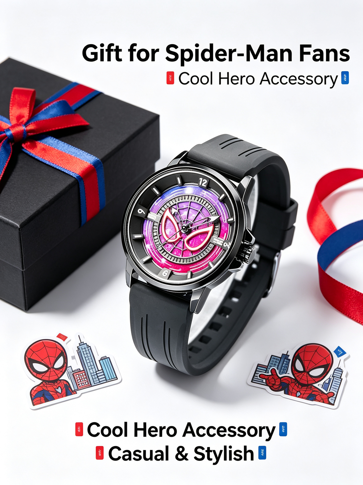 Marvel Spider-Man Quartz Wrist Watch for Men Teens, 2 Colors Silicone Strap Analog Watch, Cool Spider Web Dial Superhero Watch, Gift for Marvel Fans