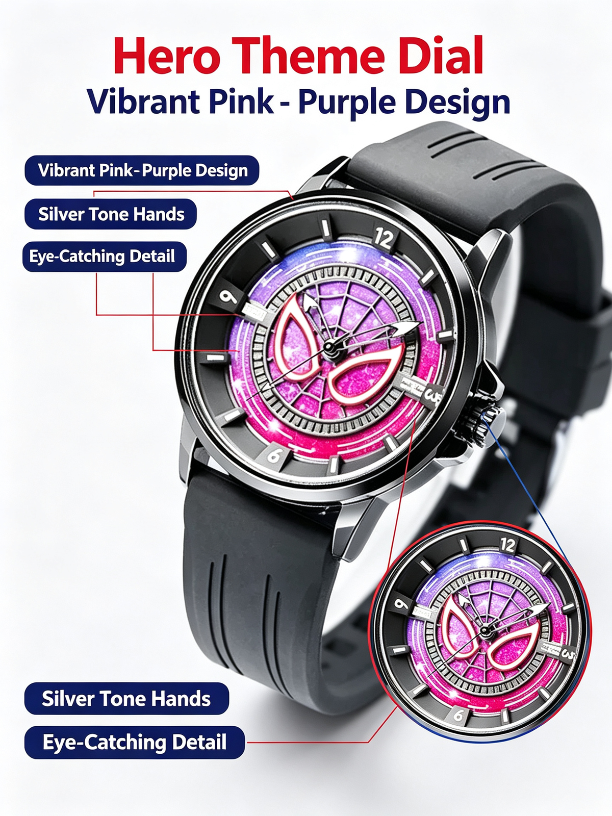 Marvel Spider-Man Quartz Wrist Watch for Men Teens, 2 Colors Silicone Strap Analog Watch, Cool Spider Web Dial Superhero Watch, Gift for Marvel Fans