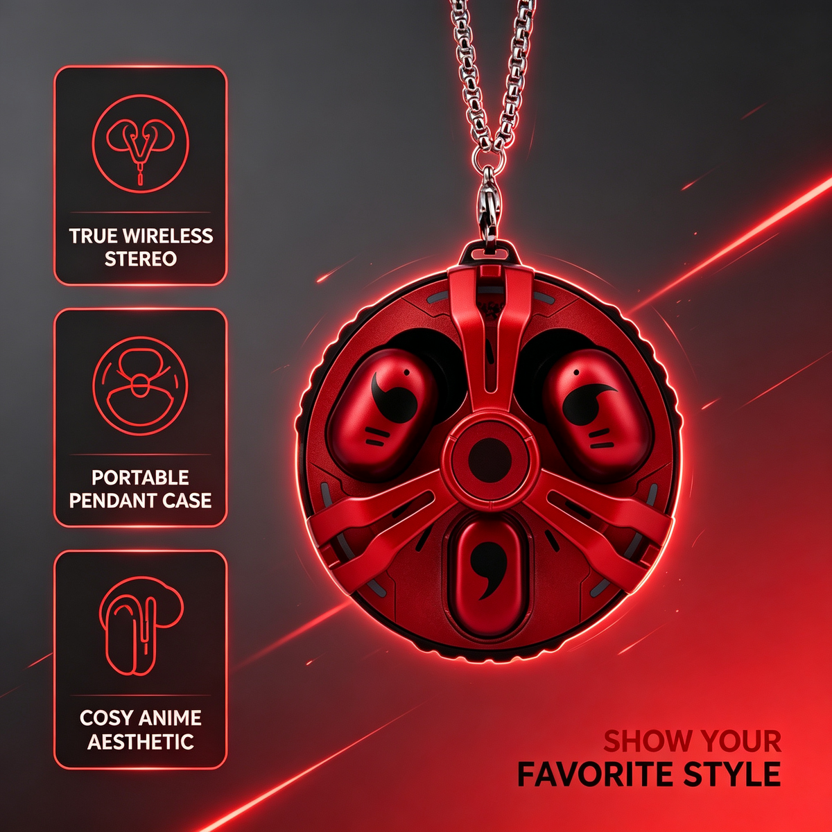 Naruto Anime 3 Earbuds TWS True Wireless Bluetooth Earphones, Unique Round Pendant Charging Case with Necklace Chain, Cool Naruto Collectible Headphones, Gift for Naruto Fans