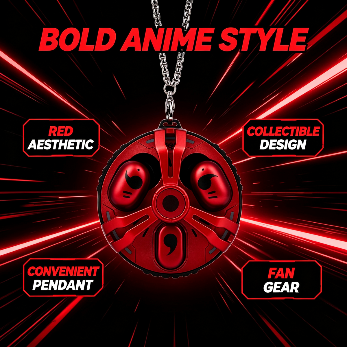 Naruto Anime 3 Earbuds TWS True Wireless Bluetooth Earphones, Unique Round Pendant Charging Case with Necklace Chain, Cool Naruto Collectible Headphones, Gift for Naruto Fans
