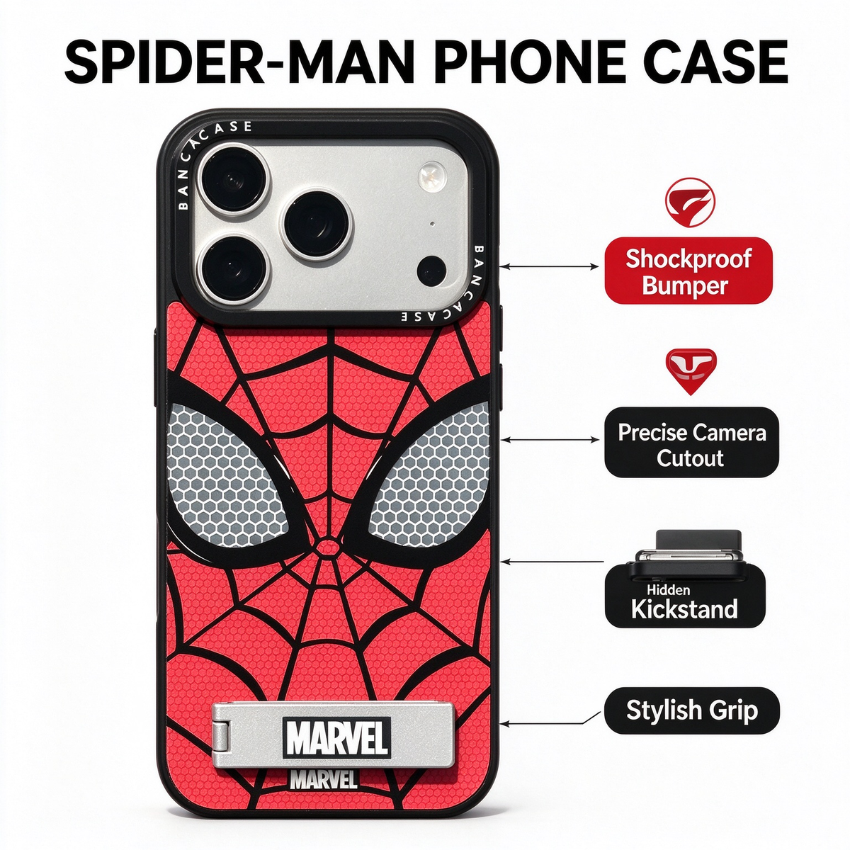 Marvel Spider-Man Phone Case, Red Spider Web Mask Pattern Protective Cover with Kickstand, Shockproof Spider Man Case, Gift for Marvel Superhero Fans