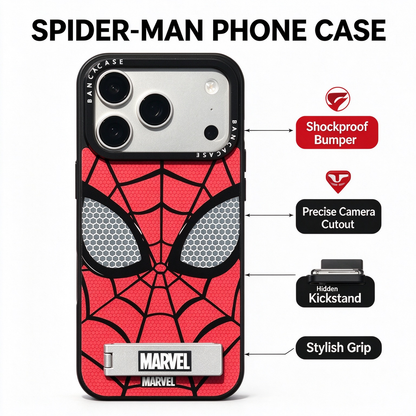 Marvel Spider-Man Phone Case, Red Spider Web Mask Pattern Protective Cover with Kickstand, Shockproof Spider Man Case, Gift for Marvel Superhero Fans