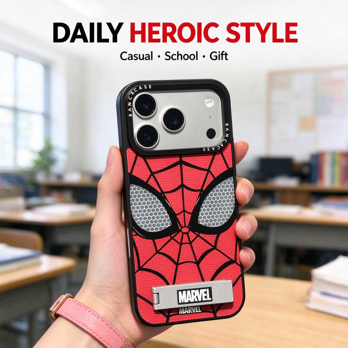 Marvel Spider-Man Phone Case, Red Spider Web Mask Pattern Protective Cover with Kickstand, Shockproof Spider Man Case, Gift for Marvel Superhero Fans