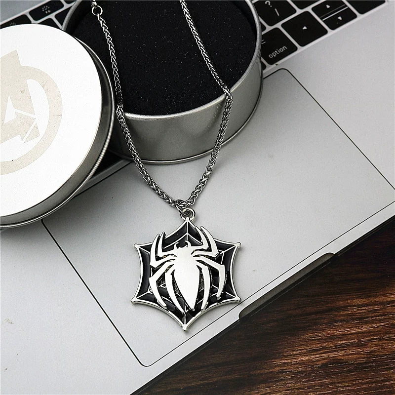 Marvel Spider-Man Pendant Necklace for Men, Vintage Alloy Spider Web Charm Chain, Superhero Spider Symbol Jewelry Gift for Marvel Fans