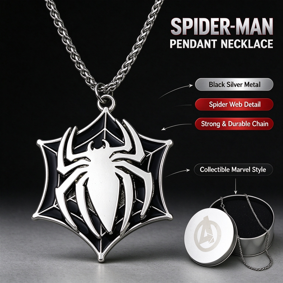 Marvel Spider-Man Pendant Necklace for Men, Vintage Alloy Spider Web Charm Chain, Superhero Spider Symbol Jewelry Gift for Marvel Fans