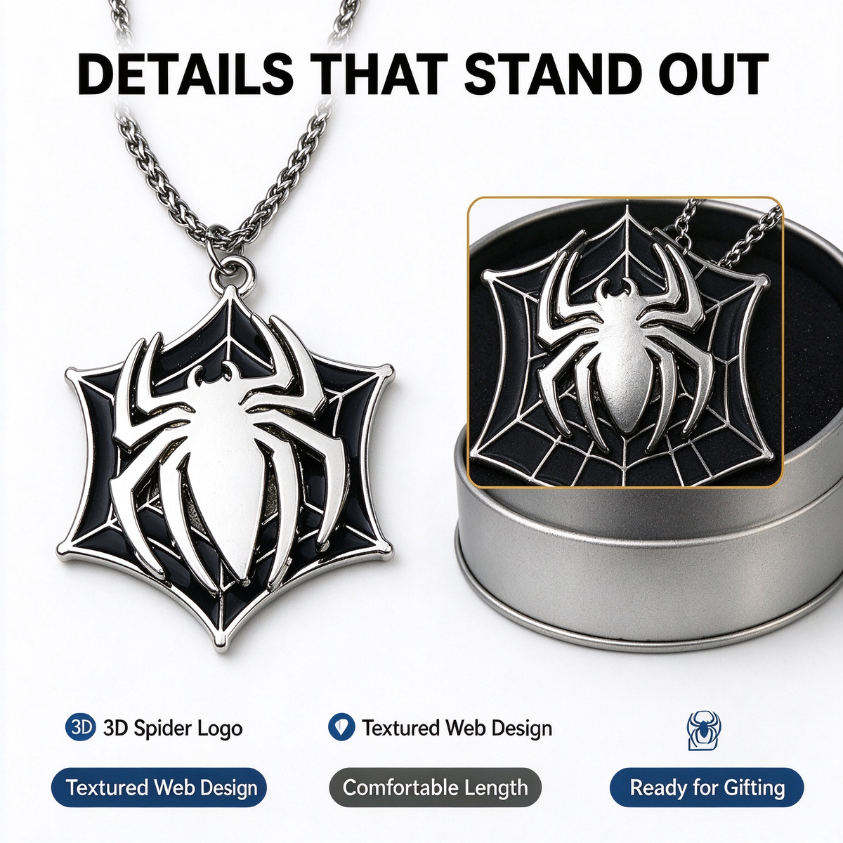 Marvel Spider-Man Pendant Necklace for Men, Vintage Alloy Spider Web Charm Chain, Superhero Spider Symbol Jewelry Gift for Marvel Fans