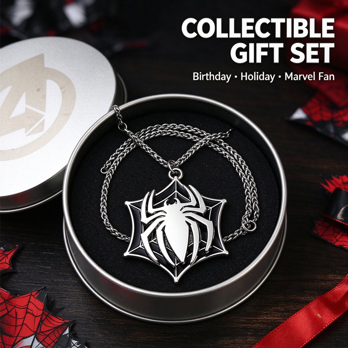 Marvel Spider-Man Pendant Necklace for Men, Vintage Alloy Spider Web Charm Chain, Superhero Spider Symbol Jewelry Gift for Marvel Fans