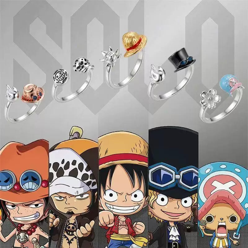 One Piece Anime Adjustable Open Rings Set, 5Pcs Luffy Ace Law Sabo Chopper Themed Ring, Cosplay Jewelry Gift for One Piece Fans