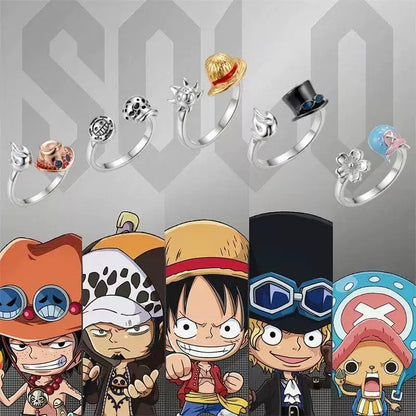 One Piece Anime Adjustable Open Rings Set, 5Pcs Luffy Ace Law Sabo Chopper Themed Ring, Cosplay Jewelry Gift for One Piece Fans