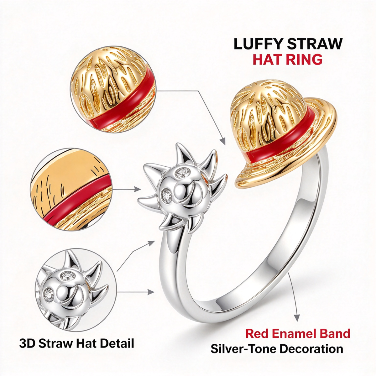 One Piece Anime Adjustable Open Rings Set, 5Pcs Luffy Ace Law Sabo Chopper Themed Ring, Cosplay Jewelry Gift for One Piece Fans