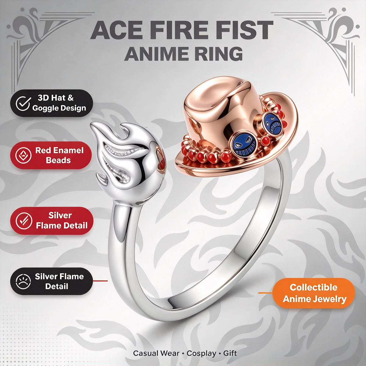 One Piece Anime Adjustable Open Rings Set, 5Pcs Luffy Ace Law Sabo Chopper Themed Ring, Cosplay Jewelry Gift for One Piece Fans