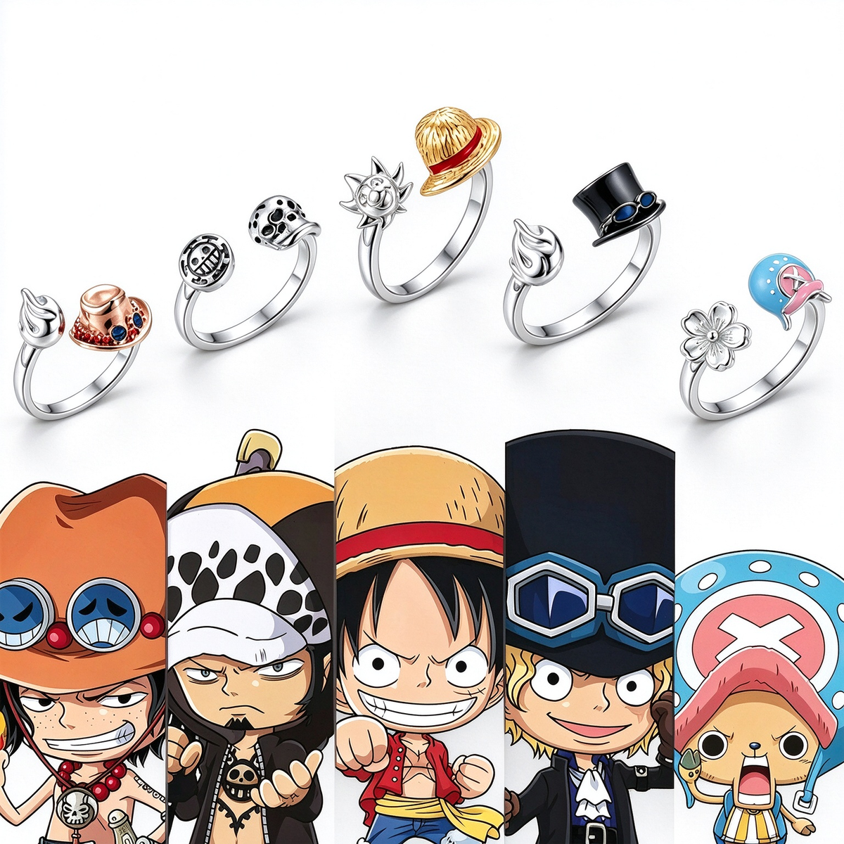 One Piece Anime Adjustable Open Rings Set, 5Pcs Luffy Ace Law Sabo Chopper Themed Ring, Cosplay Jewelry Gift for One Piece Fans