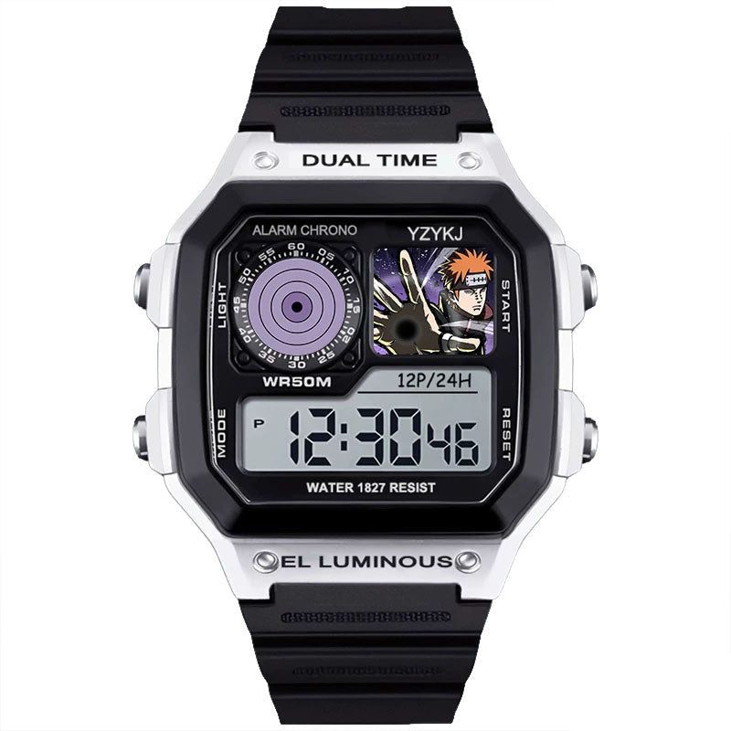 Naruto Sasuke Anime Digital Sports Watch, 30M Waterproof Dual Time EL Backlight Chronograph Wrist Watch