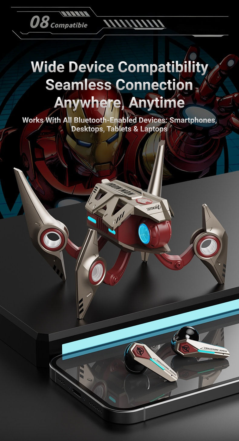Marvel Avengers Iron Man Wireless Bluetooth 5.4 Headphones, Mecha‑Style TWS Gaming Earbuds With RGB Light, ENC Noise Cancelling, Low Latency Dual Mode Stereo Earphones For Sport Gaming Music