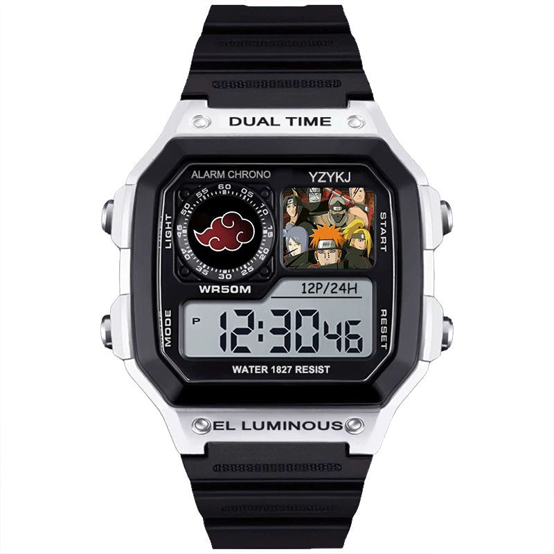 Naruto Sasuke Anime Digital Sports Watch, 30M Waterproof Dual Time EL Backlight Chronograph Wrist Watch
