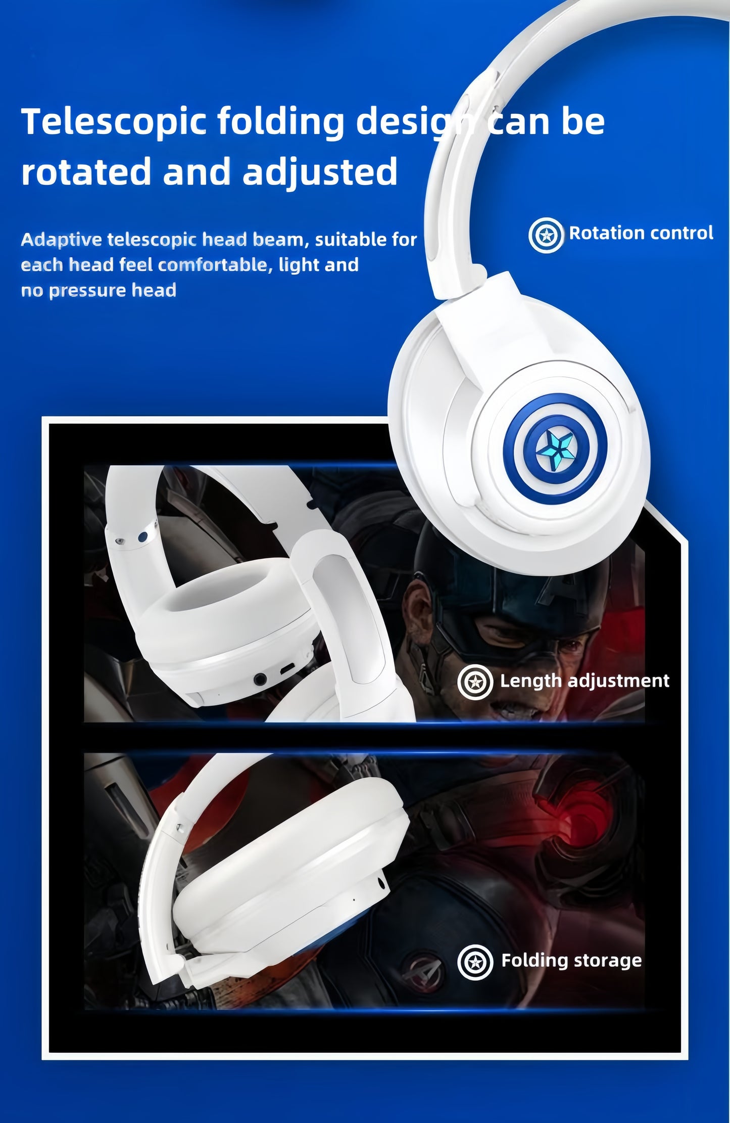 Marvel Iron Man Captain America Over Ear Bluetooth 5.3 Gaming Headphones, Low Latency Headset with Microphone Foldable Comfortable Earpads for Game Music