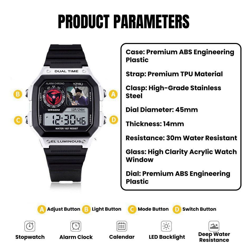 Naruto Sasuke Anime Digital Sports Watch, 30M Waterproof Dual Time EL Backlight Chronograph Wrist Watch