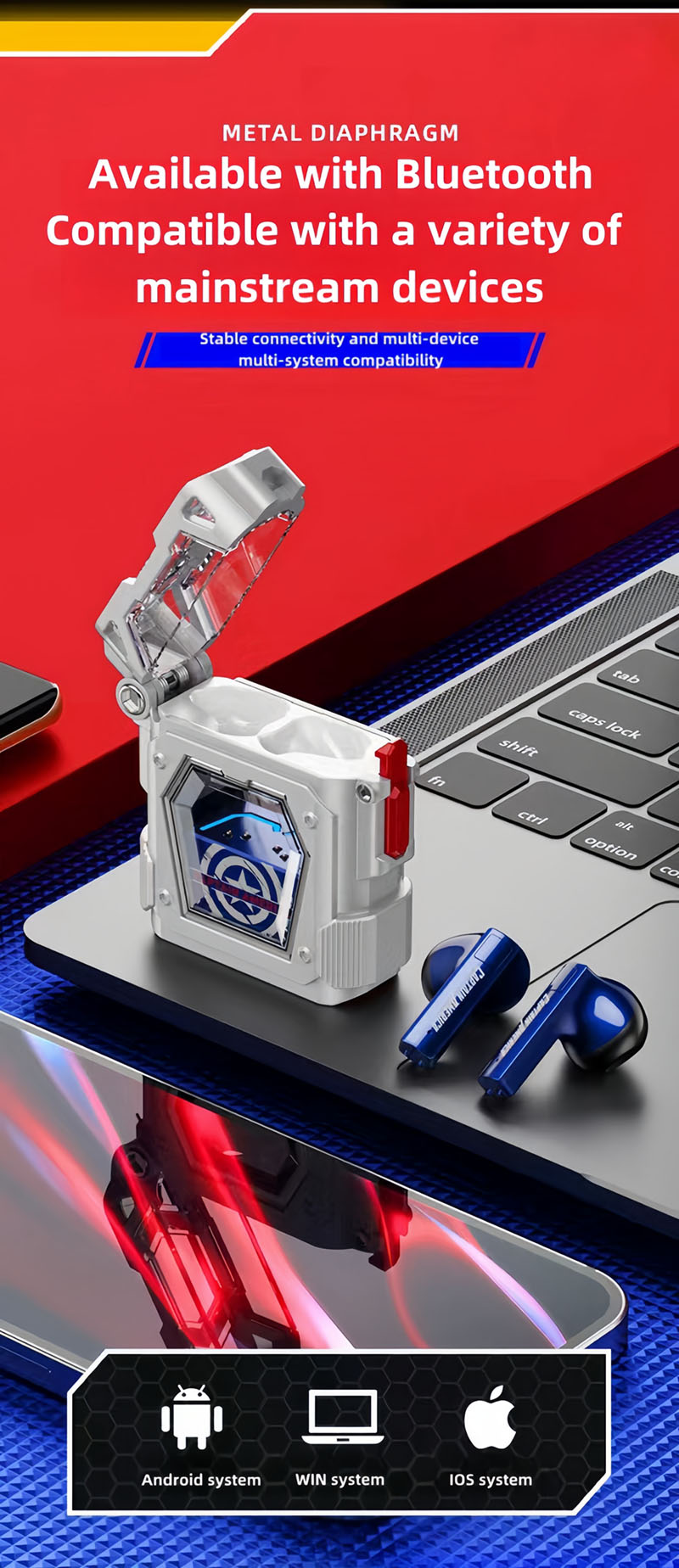 Marvel Iron Man Captain America TWS Wireless Bluetooth 5.3 Earbuds, Mecha Style Protective Charging Case, Low Latency Gaming Semi‑in‑Ear Headset with HiFi Stereo Sound For Anime Fans Daily Use