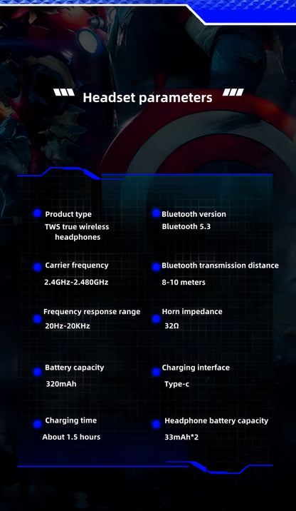 Marvel Iron Man Captain America TWS Wireless Bluetooth 5.3 Earbuds, Mecha Style Protective Charging Case, Low Latency Gaming Semi‑in‑Ear Headset with HiFi Stereo Sound For Anime Fans Daily Use