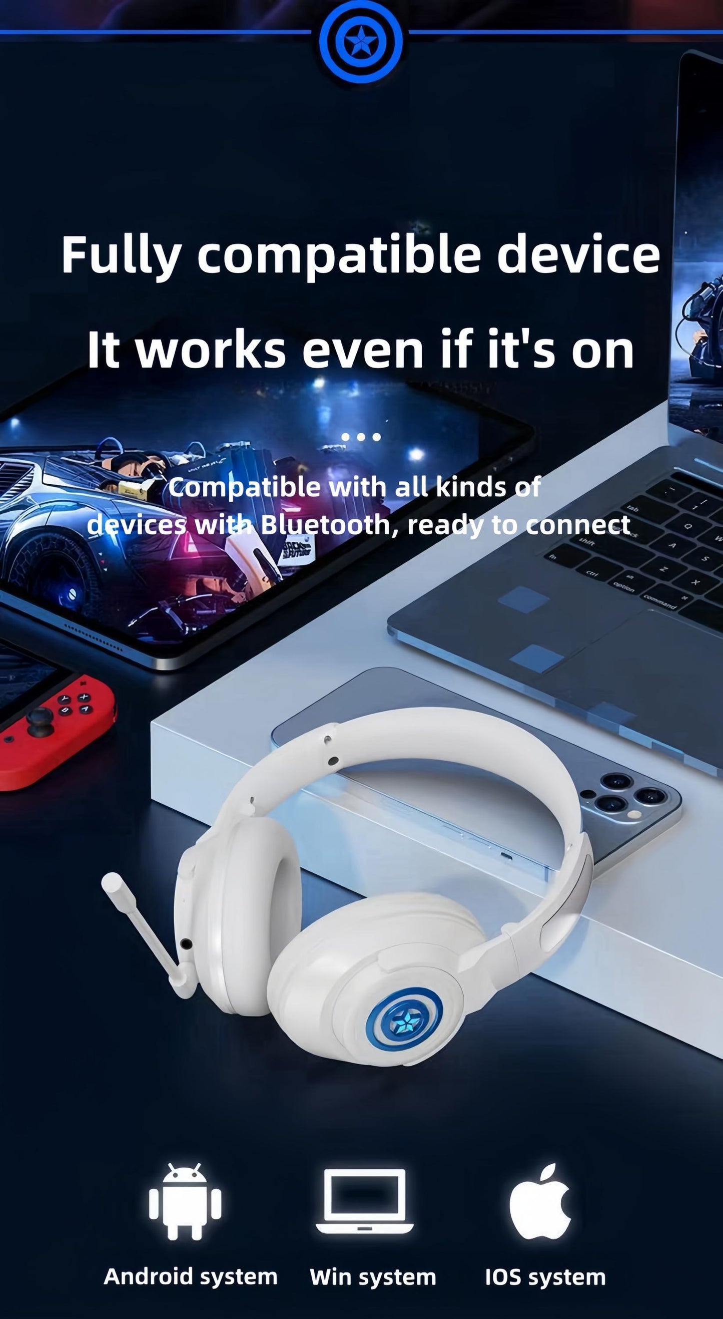 Marvel Iron Man Captain America Over Ear Bluetooth 5.3 Gaming Headphones, Low Latency Headset with Microphone Foldable Comfortable Earpads for Game Music