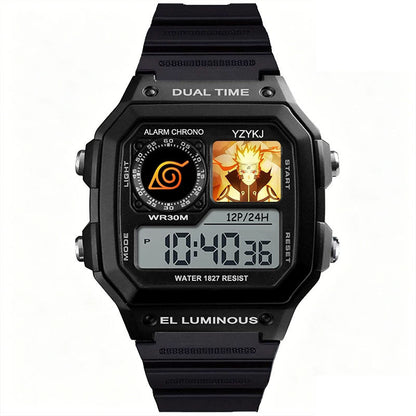 Naruto Sasuke Anime Digital Sports Watch, 30M Waterproof Dual Time EL Backlight Chronograph Wrist Watch