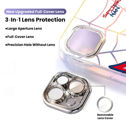 Marvel Spider‑Man Cartoon Web Graphic iPhone Phone Case, 3‑In‑1 Removable Electroplated Lens Frame Protective Phone Cover, Airbag Anti‑Drop Shockproof Phone Shell, 3 Lens Style Options Available