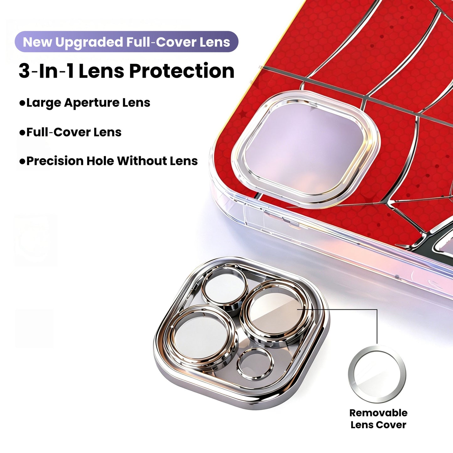 Marvel Spider‑Man Removable Lens Frame Phone Case, 3‑In‑1 Camera Lens Protection Shockproof Airbag Bumper Cover For Multiple Smartphone Models, Cool Red Web Pattern Protective Phone Case For Fans
