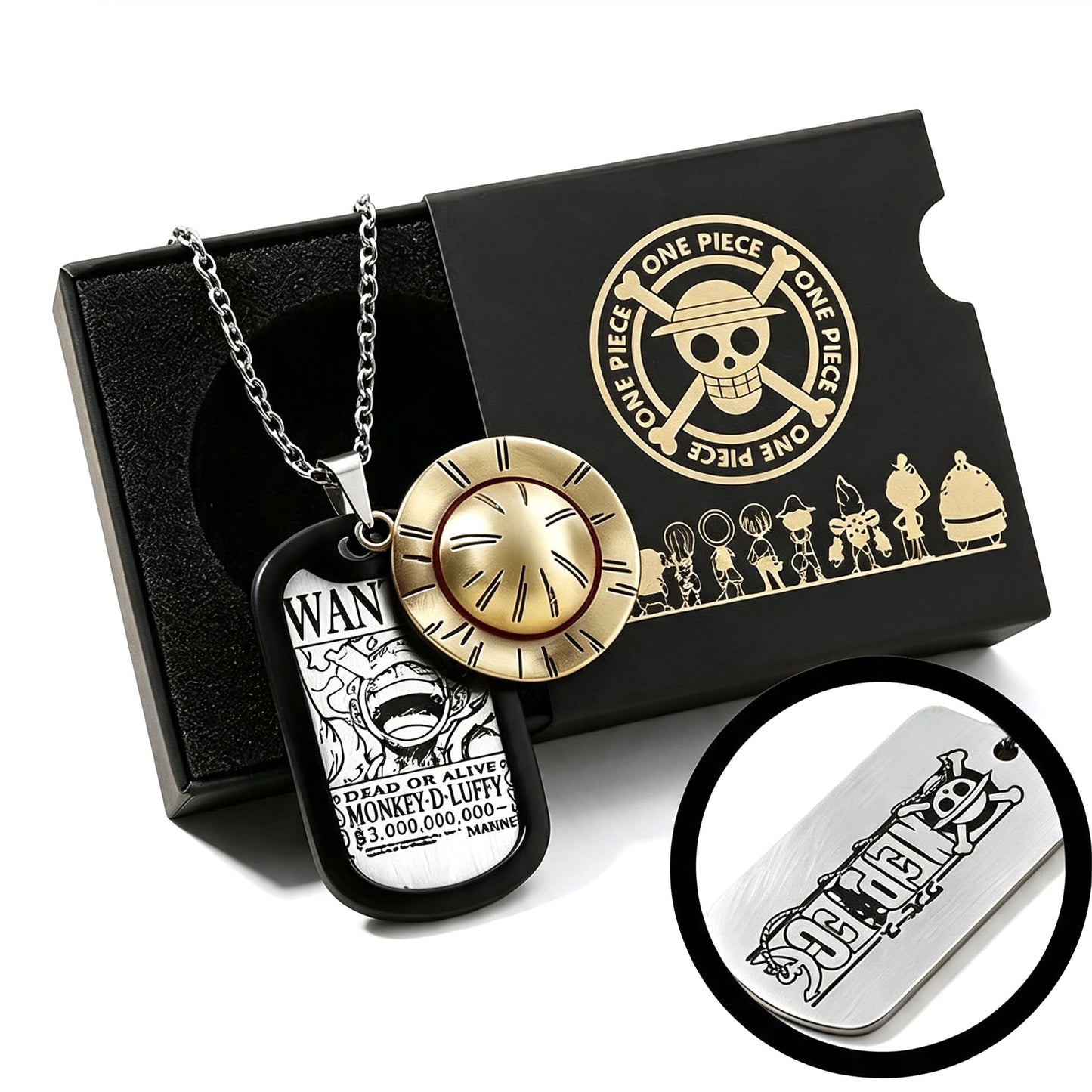 One Piece Monkey D Luffy Wanted Poster Dog Tag Necklace Keychain Set, Anime Straw Hat Zoro Ace Law Metal Pendant Jewelry, Stainless Steel Cosplay Collectible Gift Box For Anime Fans
