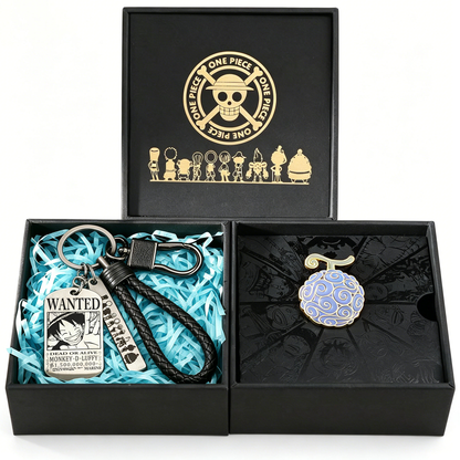 One Piece Monkey D Luffy Wanted Poster Dog Tag Keychain Devil Fruit Enamel Pin Gift Box Set, Anime Zoro Ace Law Metal Keyring Lapel Pin Collectible Jewelry Present for Fans