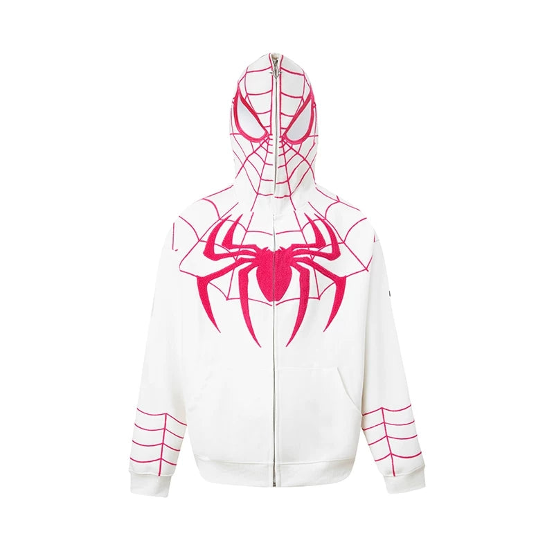 Marvel Spider‑Man Full Zip Hoodie, Spider Web Chenille Embroidery Hooded Sweatshirt With Mask Eyes Design, Oversized Casual Streetwear Jacket For Men Women, Multi‑Color Options, Loose Fit Long Sleeve Cosplay Daily Hooded Coat