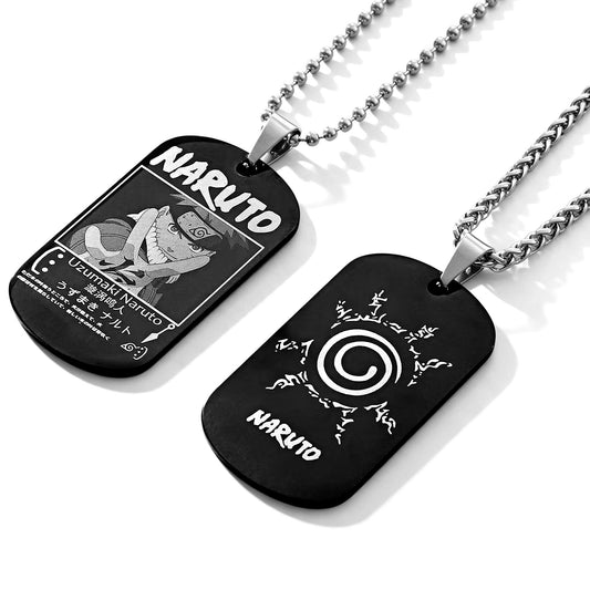 Naruto Anime Characters Double Sided Engraved Dog Tag Necklace, Stainless Steel Black Pendant Chain Necklace, Classic Naruto Shippuden Symbol Jewelry Gifts For Men Teens Anime Fans Cosplay Accessories