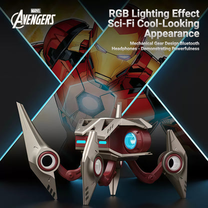 Marvel Avengers Iron Man Wireless Bluetooth 5.4 Headphones, Mecha‑Style TWS Gaming Earbuds With RGB Light, ENC Noise Cancelling, Low Latency Dual Mode Stereo Earphones For Sport Gaming Music