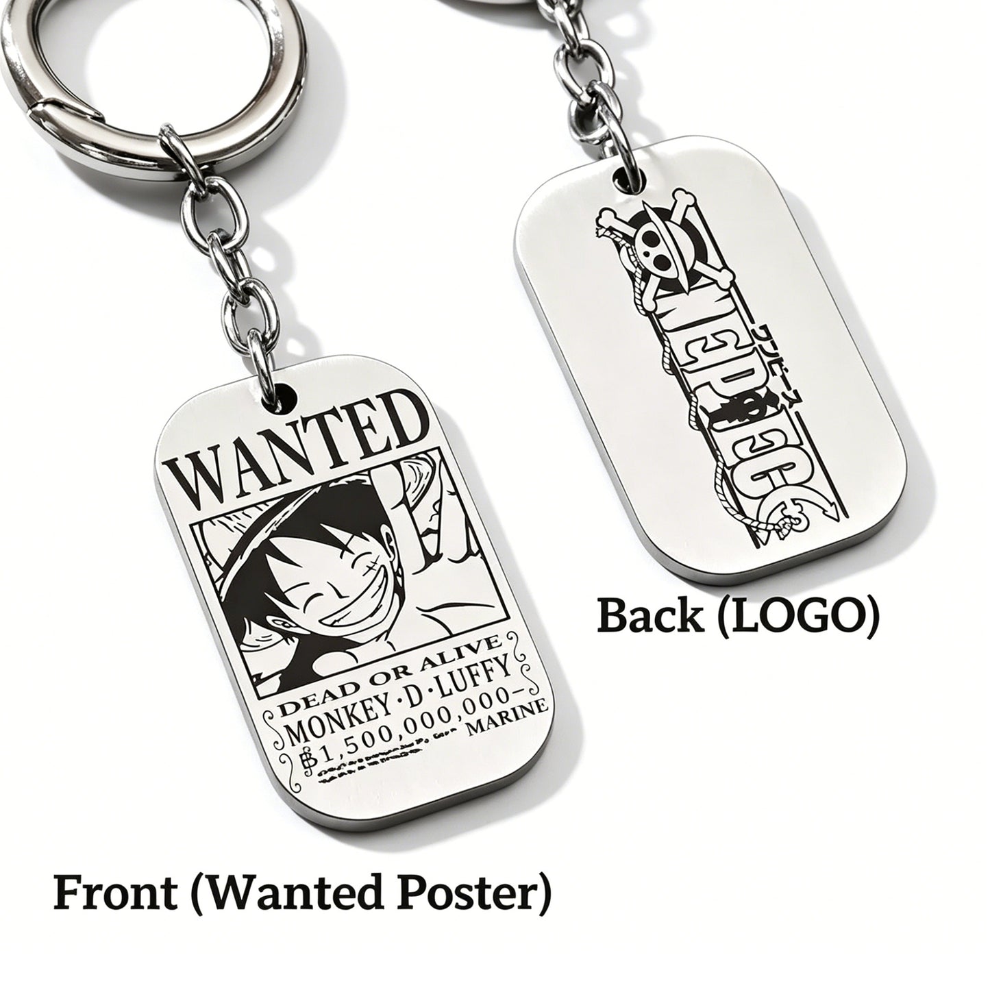 One Piece Monkey D Luffy Anime Wanted Poster Dog Tag Keychain, Stainless Steel Engraved Pendant Key Ring With Braided Rope Mini Knife Collectible Gift Box Key Accessory
