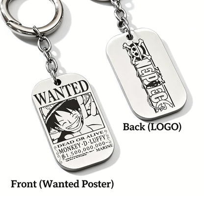 One Piece Monkey D Luffy Anime Wanted Poster Dog Tag Keychain, Stainless Steel Engraved Pendant Key Ring With Braided Rope Mini Knife Collectible Gift Box Key Accessory