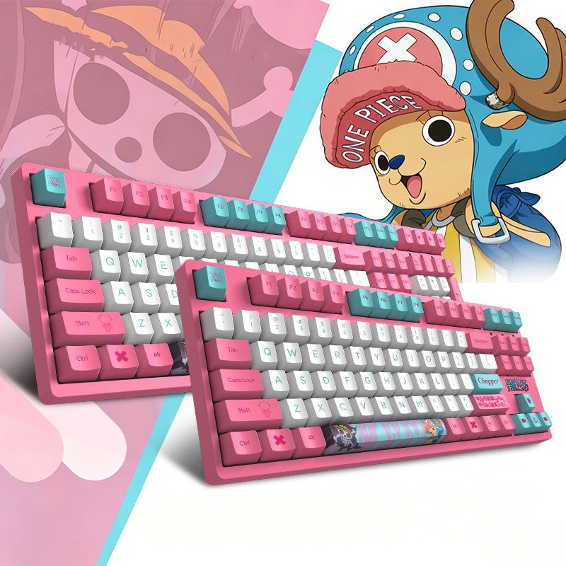 One Piece Chopper Luffy Mechanical Keyboard, 108‑Key PBT Anime Pink Gaming Keyboard with Custom Keycaps